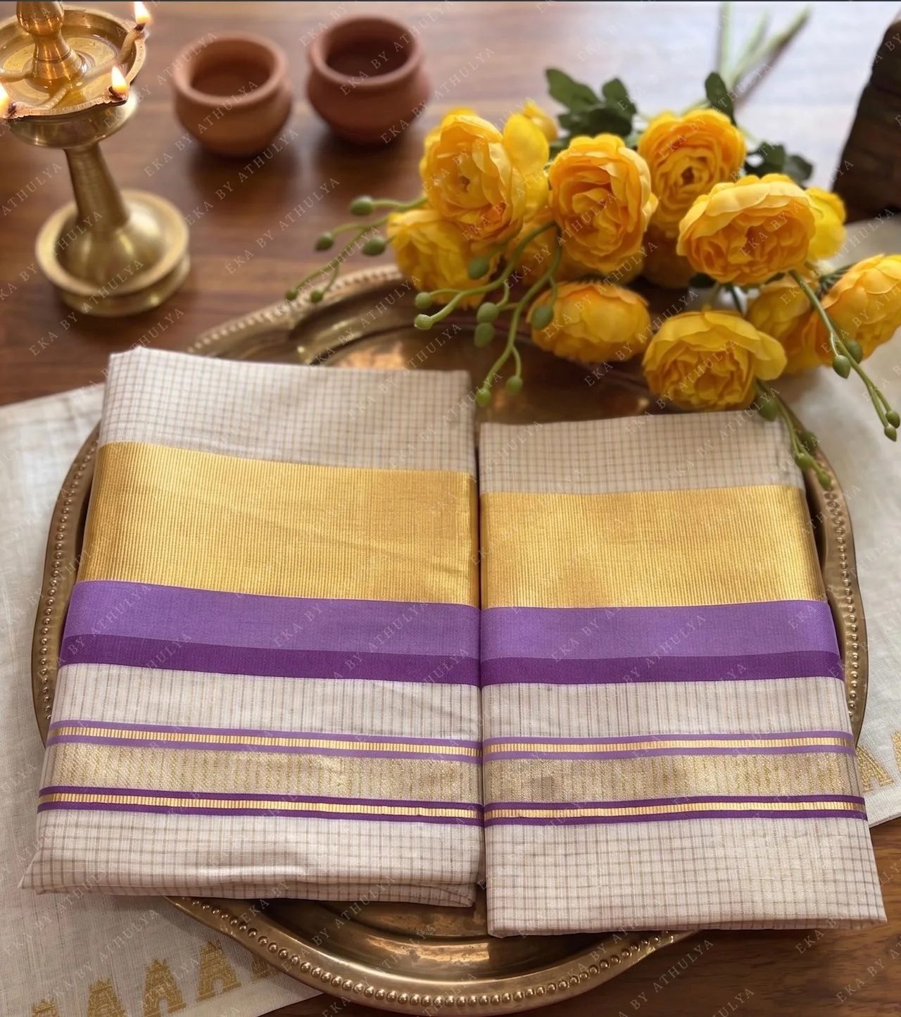 Set Mundu with Golden Kasavu and Regal Purple Stripes