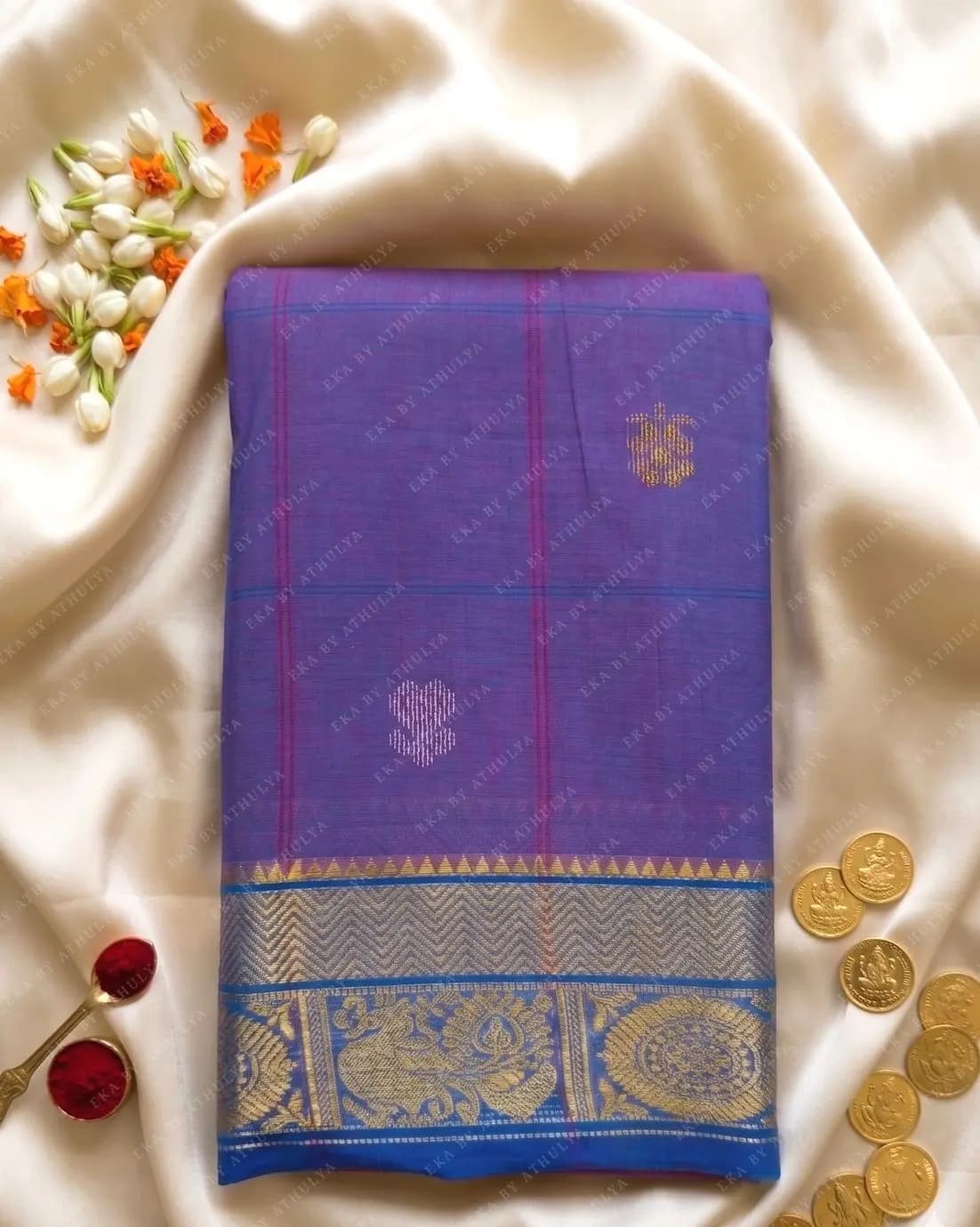 Deep Purple Body Kanchi Cotton Saree With Peacock Border