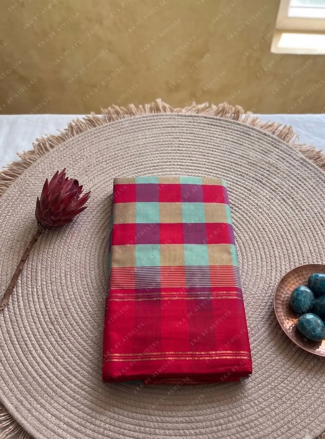 Cotton Silk Saree With Crimson-Teal Checkerboard Pattern
