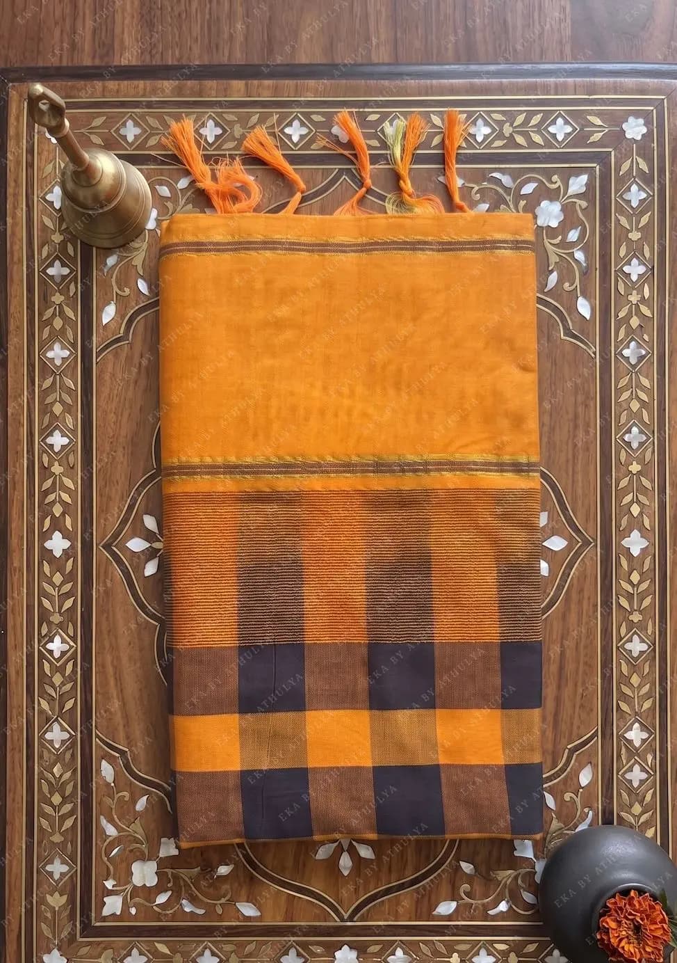 Gamboge Yellow Cotton Silk Saree With Checkerboard Pattern