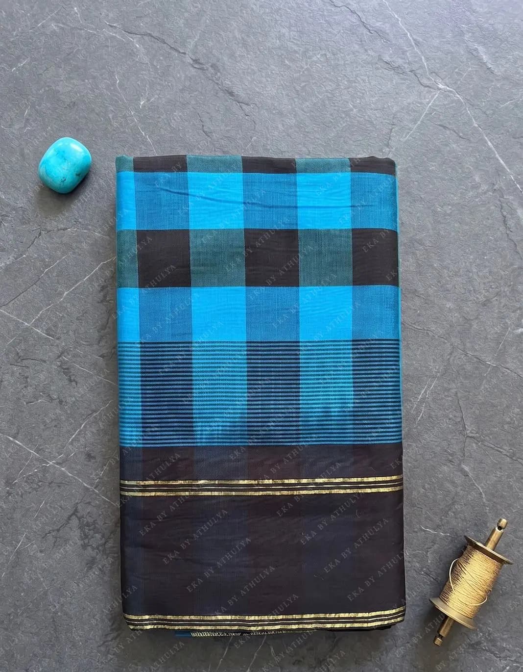 Cotton Silk Saree With Cerulean Blue And Deep Black Checkerboard Pattern