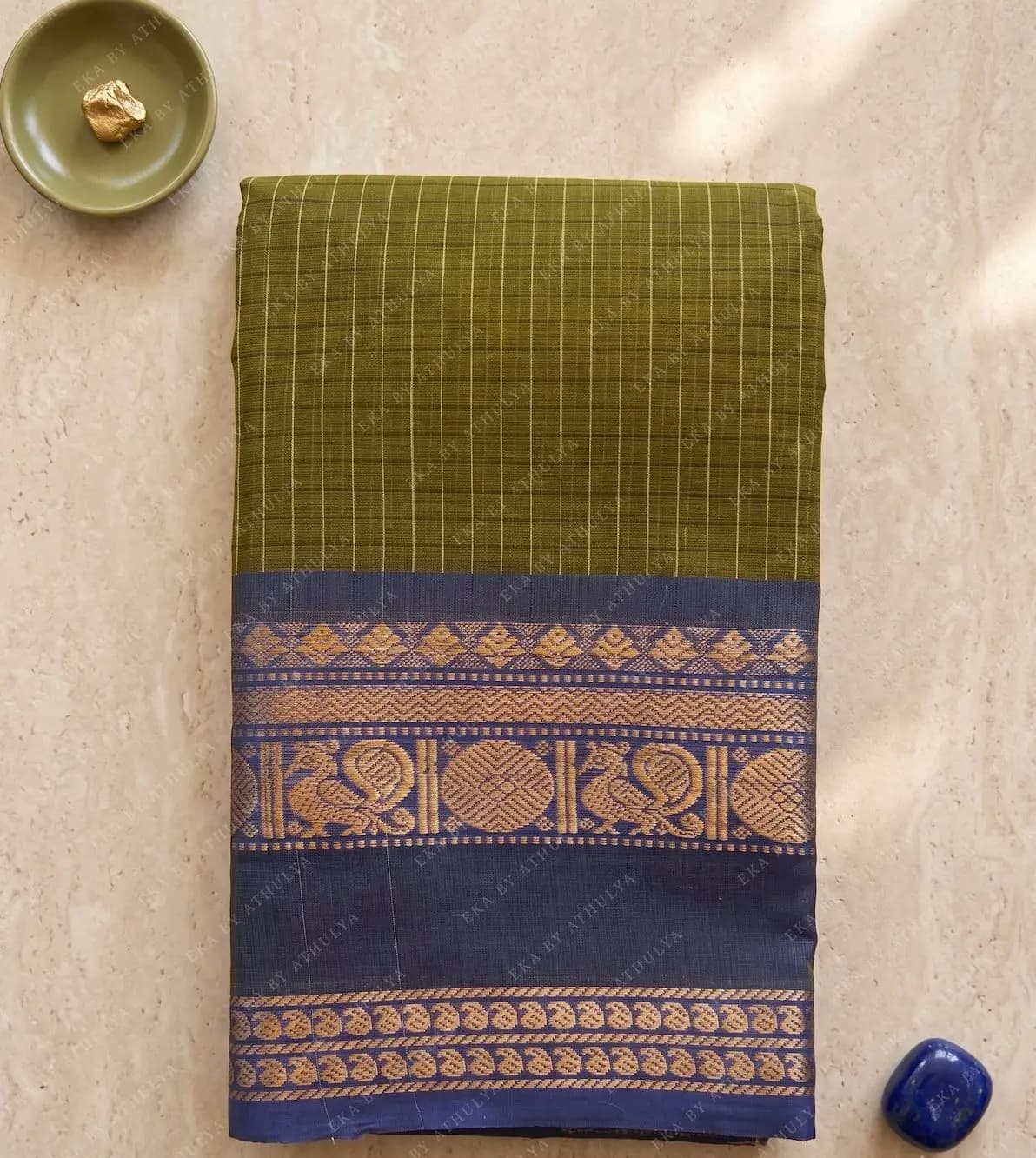 Olive Green Kanchi Cotton Saree With Ganga-Jamuna Border