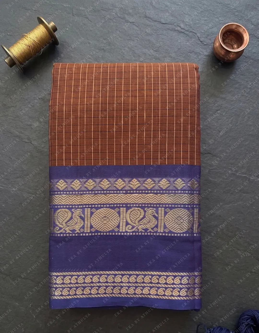 Rust Brown Kanchi Cotton Saree With Ganga-Jamuna Border